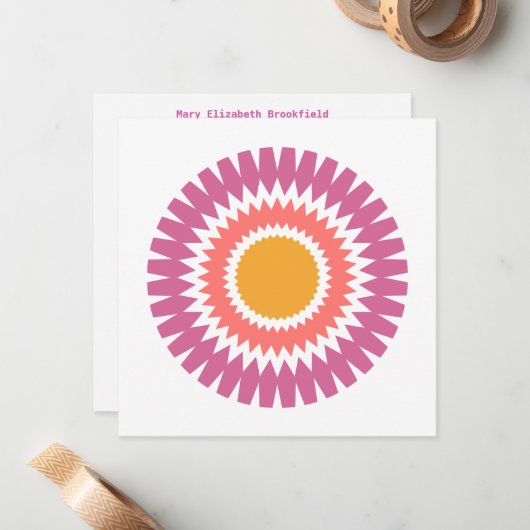 Modern Sunburst Flat Note Kaart in roze en goud Notitiekaartje (Voorkant / Achterkant in situ)