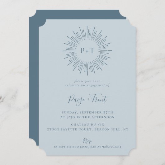 Modern Sunburst Lichtblauw Verlovingsfeest Kaart (Voorkant / Achterkant)