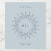 Modern Sunburst Lijst Monogram Bord Blauw Wijn Etiket (Enkel label)