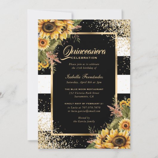 Modern Sunflower Gold Black White Quinceañera Kaart (Voorkant)