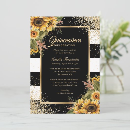 Modern Sunflower Gold Black White Quinceañera Kaart (Staand voorkant)