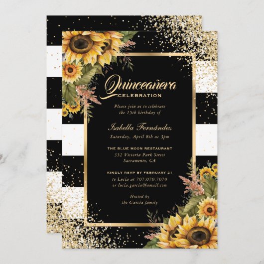 Modern Sunflower Gold Black White Quinceañera Kaart (Voorkant / Achterkant)