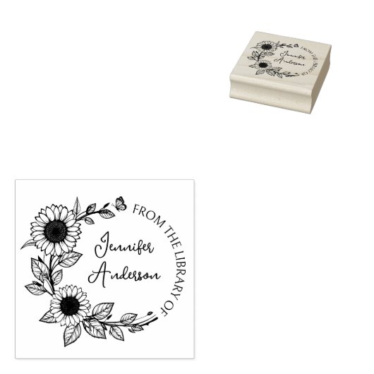 Modern Sunflower Script Aangepaste Naam Bibliothee Rubberstempel (Gestempeld)