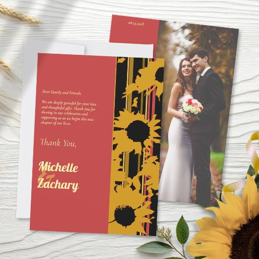 Modern Sunflower Sunset Coral Gold Wedding Bedankkaart