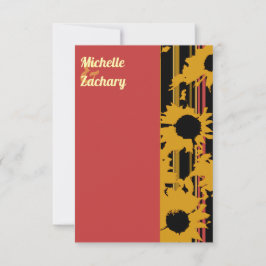 Modern Sunflower Sunset Coral Gold Wedding RSVP Kaartje