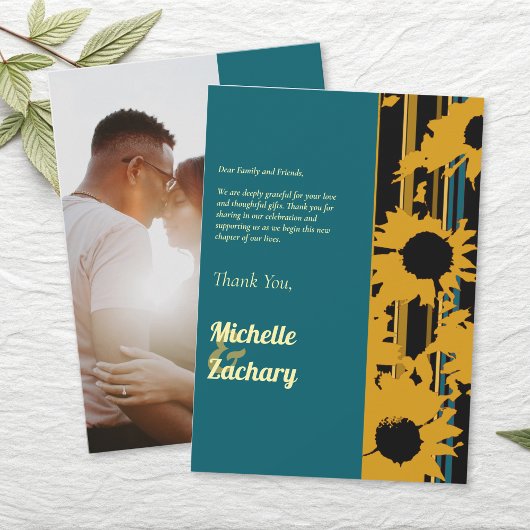 Modern Sunflower Teal Blue Gold Wedding Bedankkaart