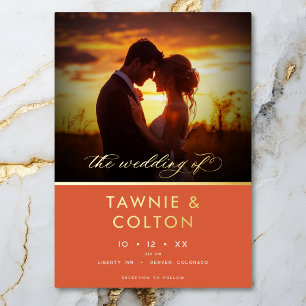 Modern Sunset Sinaasappel Script Foto Minimal Wedd Folie Uitnodiging