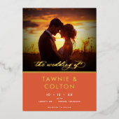 Modern Sunset Sinaasappel Script Foto Minimal Wedd Folie Uitnodiging (Voorkant)