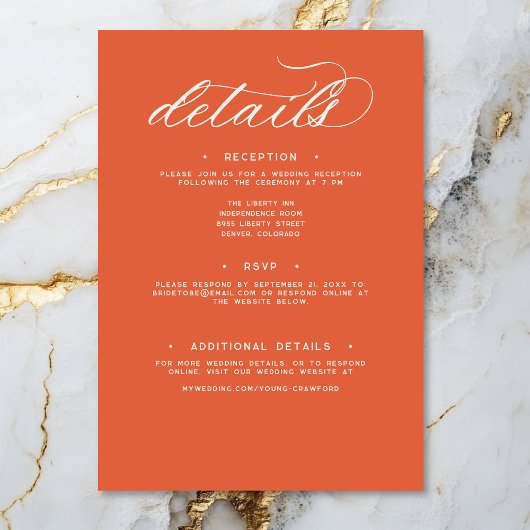 Modern Sunset Sinaasappel Script Minimal Wedding D Informatiekaartje