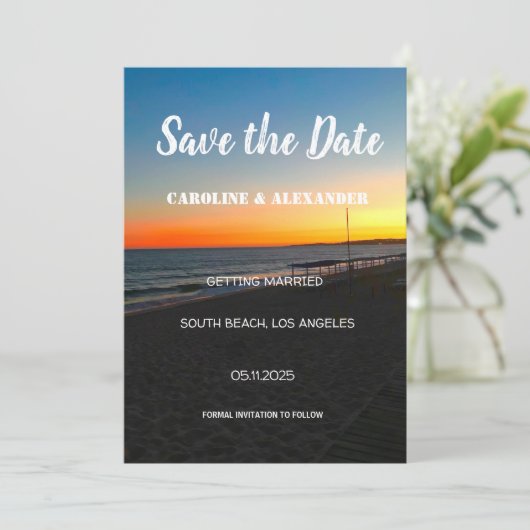Modern Sunset Summer Ocean Tropical Wedding Save The Date (Staand voorkant)