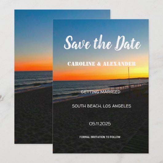 Modern Sunset Summer Ocean Tropical Wedding Save The Date (Voorkant / Achterkant)