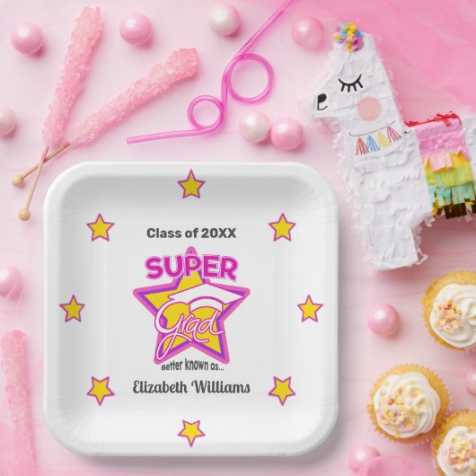 Modern Super Afstudeerder Roze-personaliseer Naam  Papieren Bordje (Feest)