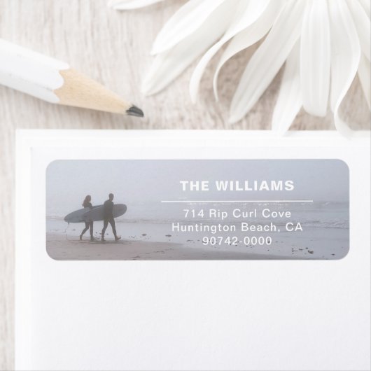 Modern Surfing Couple Return Address Label (Insitu)