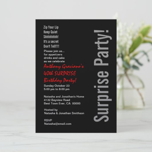 Modern SURPRISE 40th Birthday Black Red Metallic Kaart (Staand voorkant)