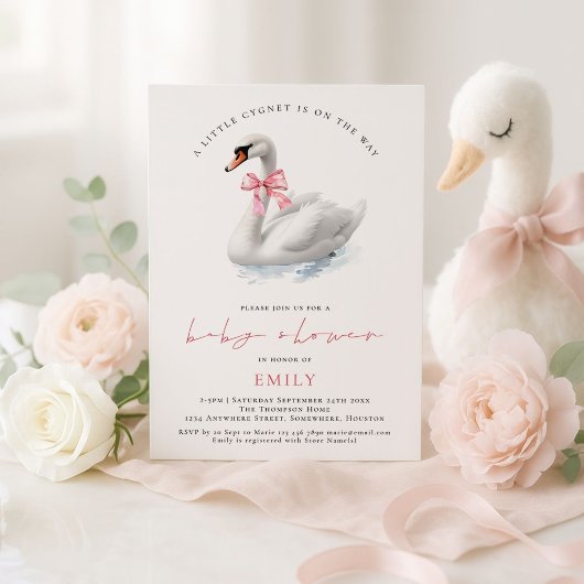 Modern Swan Pink Bow Baby shower Kaart