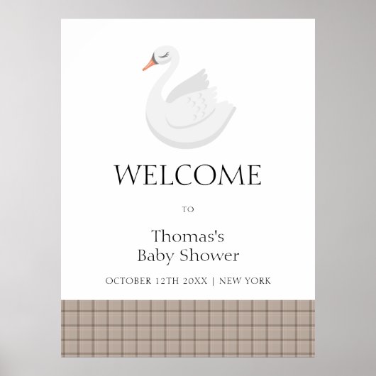 Modern Swan Plaid Gingham Boy Baby shower Welkom Poster (Voorkant)