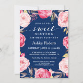Modern Sweet 16 Birthday Navy Blue Floral Wreath Kaart (Voorkant)