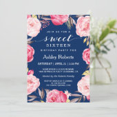 Modern Sweet 16 Birthday Navy Blue Floral Wreath Kaart (Staand voorkant)