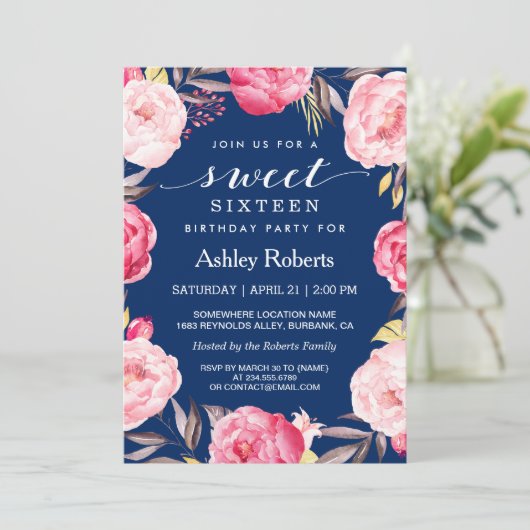 Modern Sweet 16 Birthday Navy Blue Floral Wreath Kaart (Staand voorkant)