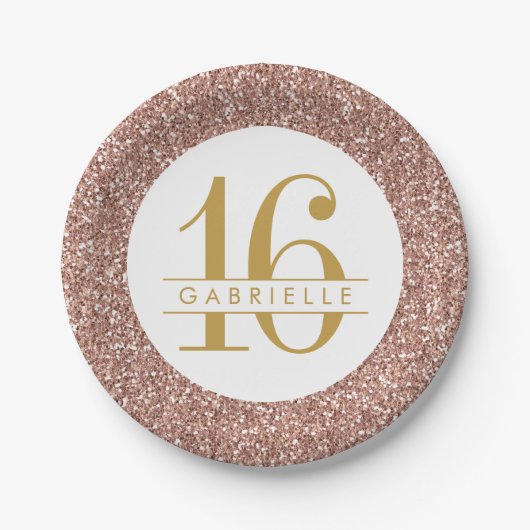 Modern Sweet 16 Birthday Roos Gold Pink Glitter Papieren Bordje (Voorkant)
