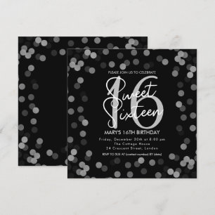 MODERN Sweet 16 Birthday Silver Chic Glitter Black Kaart