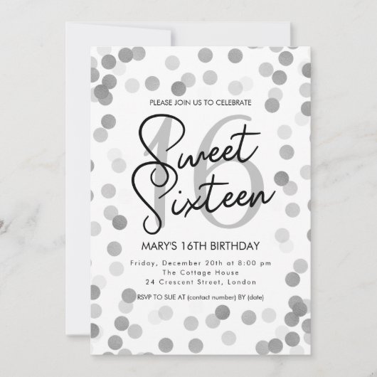MODERN Sweet 16 Birthday Silver Chic Glitter Kaart (Voorkant)