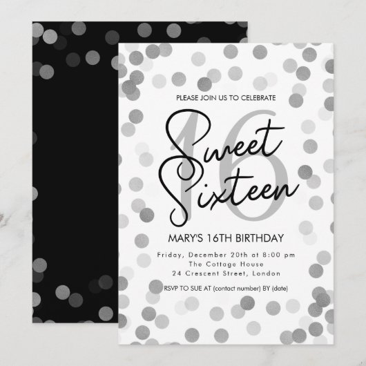 MODERN Sweet 16 Birthday Silver Chic Glitter Kaart (Voorkant / Achterkant)