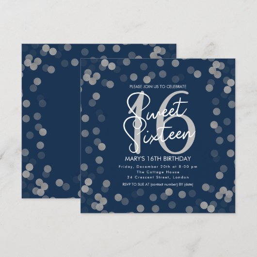 MODERN Sweet 16 Birthday Silver Chic Glitter Navy Kaart (Voorkant / Achterkant)