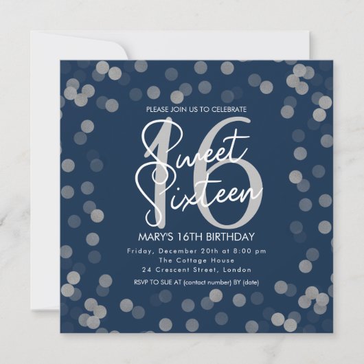 MODERN Sweet 16 Birthday Silver Chic Glitter Navy Kaart (Voorkant)