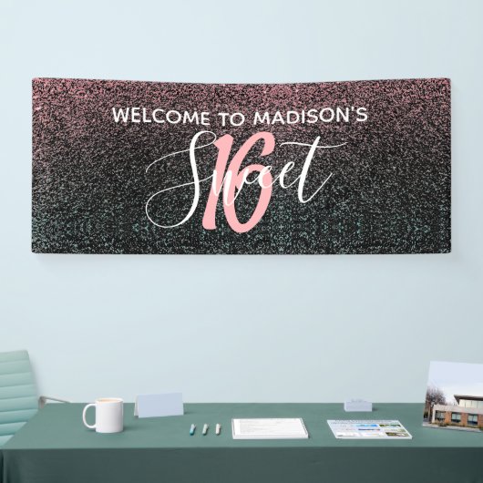Modern Sweet 16 Black Blush Pink Glitter Name Spandoek (Beurs)