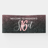 Modern Sweet 16 Black Blush Pink Glitter Name Spandoek (Horizontaal)