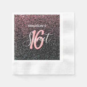Modern Sweet 16 Black Blush Pink Specks Name Servet