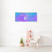 Modern Sweet 16 Blauwgroen Paarse Glitter Geperson Spandoek (Insitu)