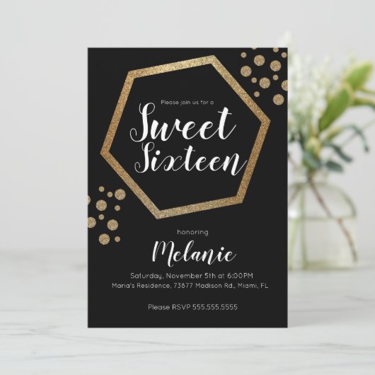Modern Sweet 16 Glitter Faux Gold Geometric Bars Kaart (Staand voorkant)