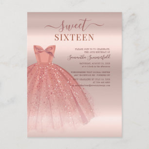 Modern Sweet 16 Glitter Script Roos Gold Birthday Uitnodiging Briefkaart