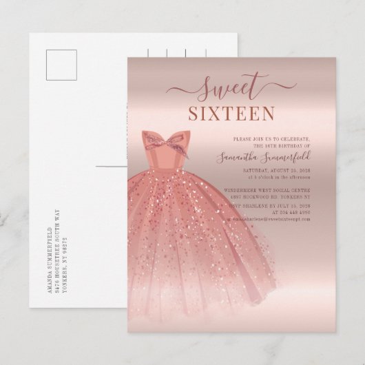 Modern Sweet 16 Glitter Script Roos Gold Birthday Uitnodiging Briefkaart (Voorkant / Achterkant)
