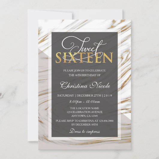 Modern Sweet 16 Goud Marmer Grijs Foto Kaart (Voorkant)