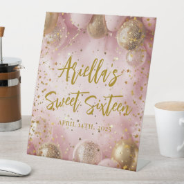 Modern sweet 16 pink gold balloons reclamebord met voetstuk
