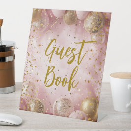 Modern sweet 16 pink gold balloons reclamebord met voetstuk