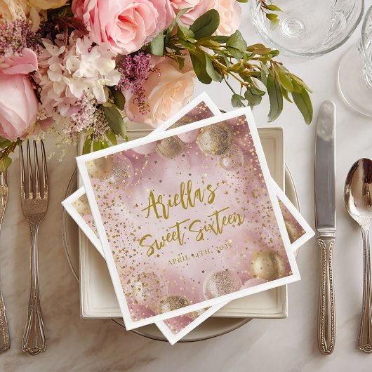 Modern sweet 16 pink gold balloons servet