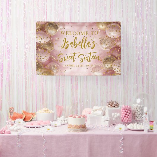 Modern sweet 16 pink gold balloons welcome spandoek (Feest)