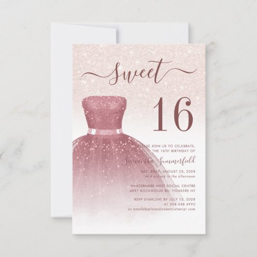 Modern Sweet 16 Roos Gold Glitter Drips Script Kaart (Voorkant)