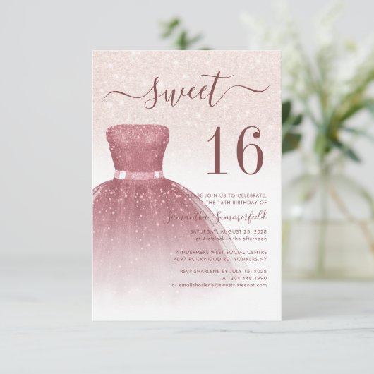 Modern Sweet 16 Roos Gold Glitter Drips Script Kaart (Staand voorkant)
