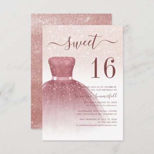 Modern Sweet 16 Roos Gold Glitter Drips Script Kaart (Voorkant / Achterkant)