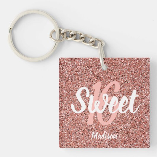 Modern Sweet 16 Roos Gold Glitter Gepersonaliseerd Sleutelhanger (Voorkant)
