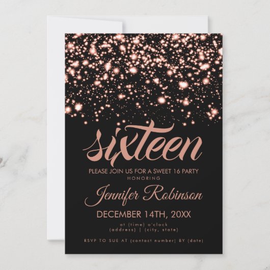 Modern Sweet 16 Roos Gold Midnight Glam Kaart (Voorkant)