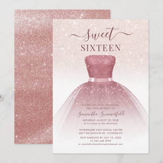 Modern Sweet 16 Roos Gold Script Glitter Birthday Kaart (Voorkant / Achterkant)