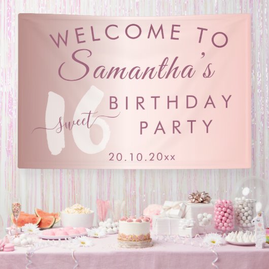 Modern Sweet 16 Roze Metallic Verjaardag Spandoek (Feest)