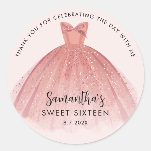 Modern Sweet 16 Script Dress Verjaardag Dank u Ronde Sticker (Voorkant)