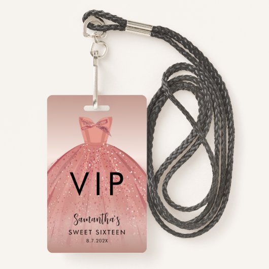 Modern Sweet 16 Script Dress Verjaardag VIP Badge (Voorkant met draagriem)